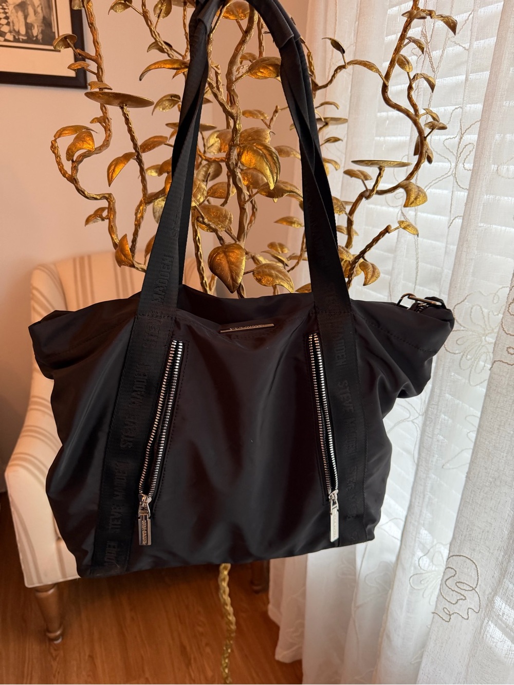 Steve Madden Black Nylon Tote with Dual Front Zippers